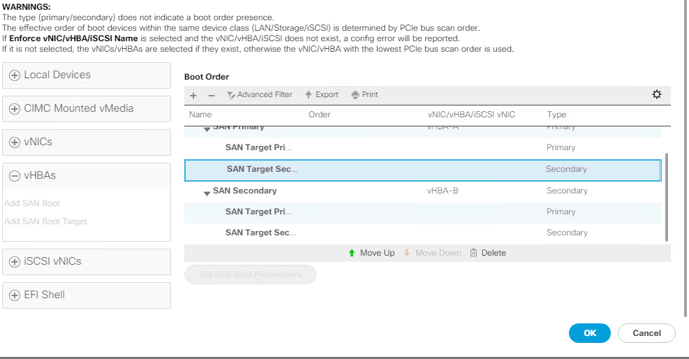 Boot targets added to HBAs