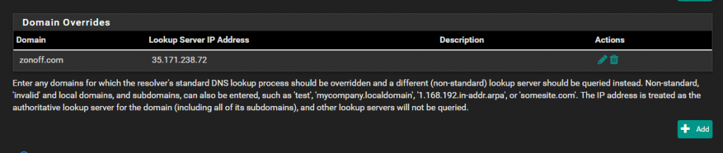 zonoff.com added to Domain Overrides in pfSense